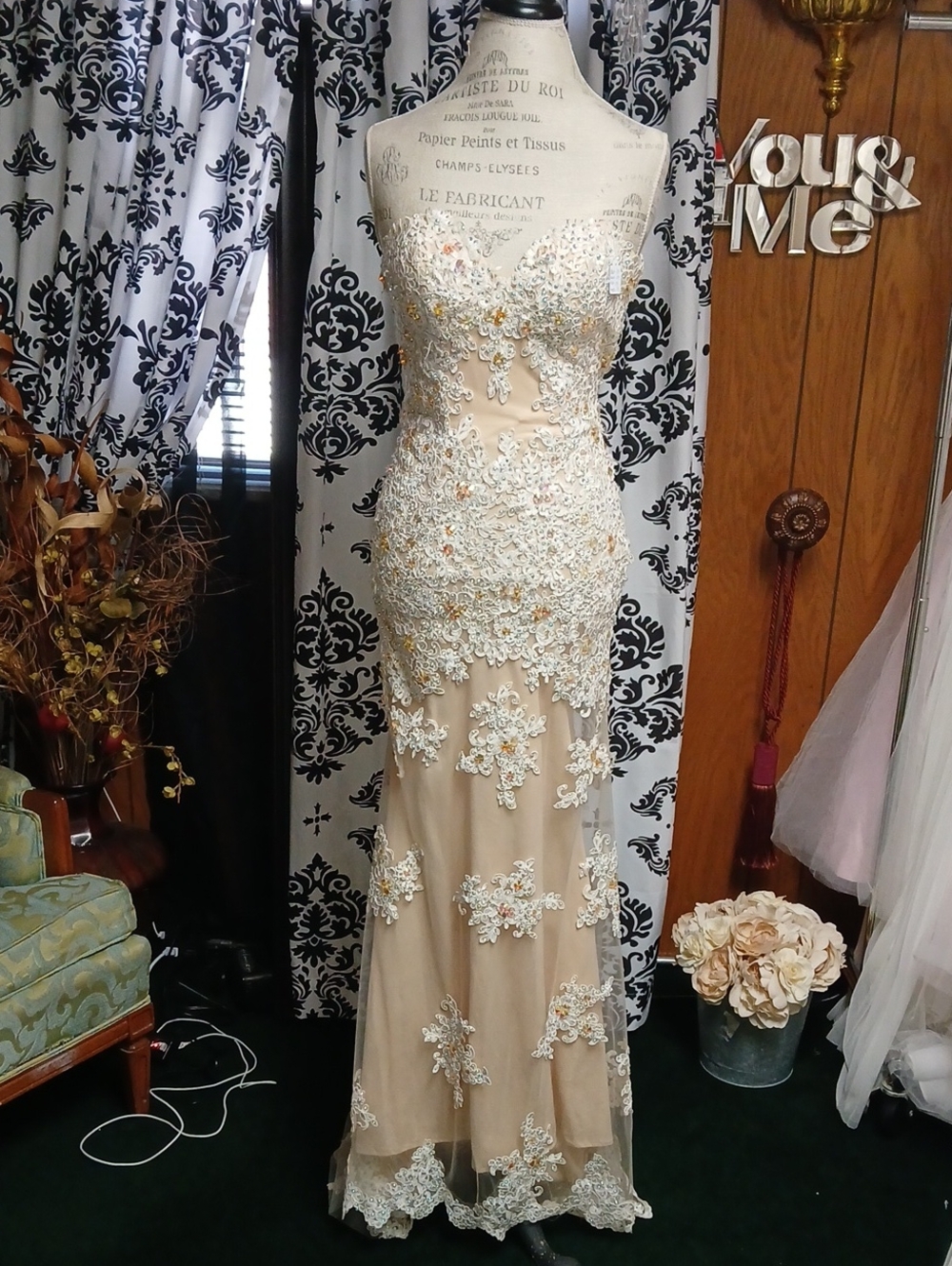 Angela & Alison Nude and Ivory Lace Embellished Sheath Gown